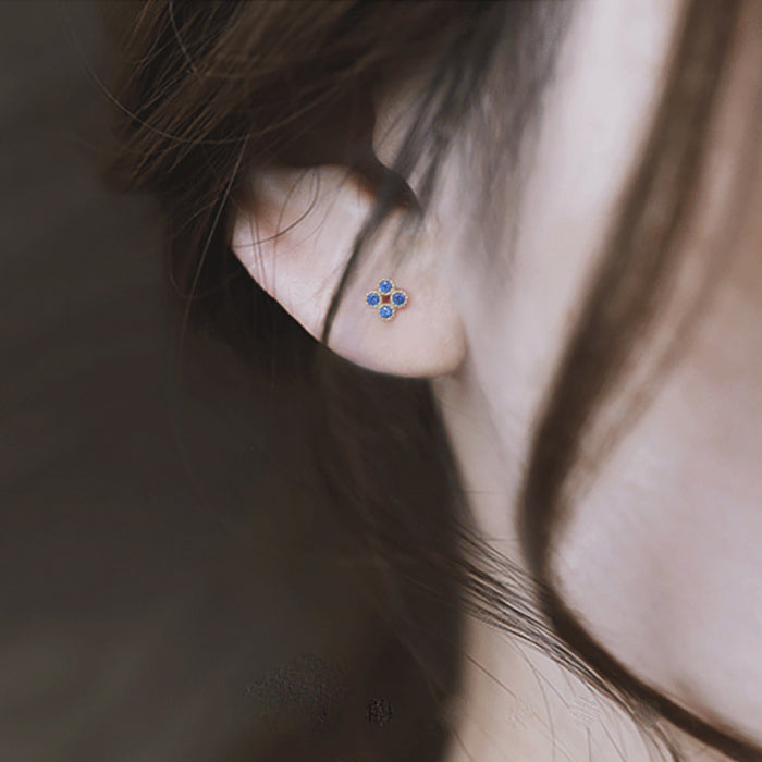 9K Solid Gold Blue Round Cubic Zirconia Ear Stud Earrings Flowers Charm Jewelry