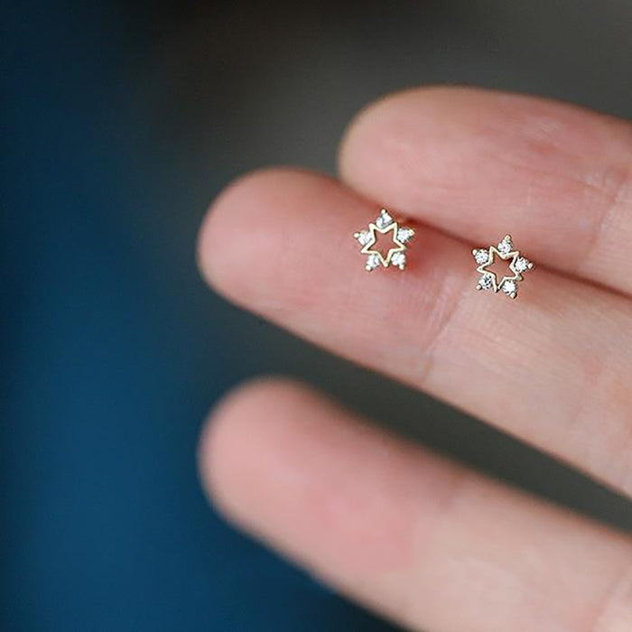 9K 14K Solid Gold Cubic Zirconia Ear Stud Earrings Snowflake Star Charm Jewelry