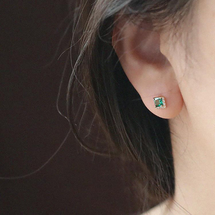 9K Solid Gold Green Square Cubic Zirconia Ear Stud Earrings Beautiful Charm Jewelry
