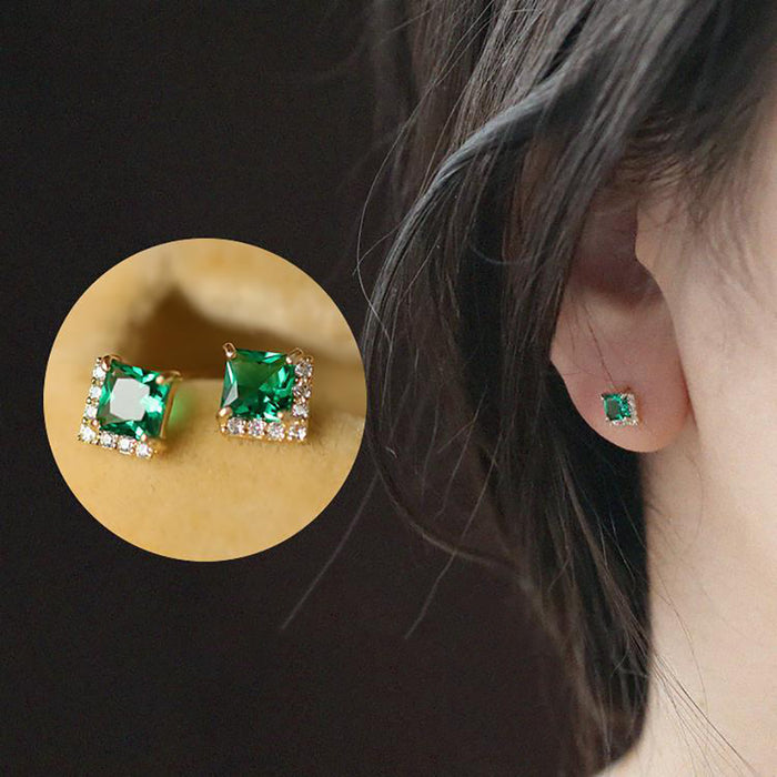 9K Solid Gold Green Square Cubic Zirconia Ear Stud Earrings Beautiful Charm Jewelry