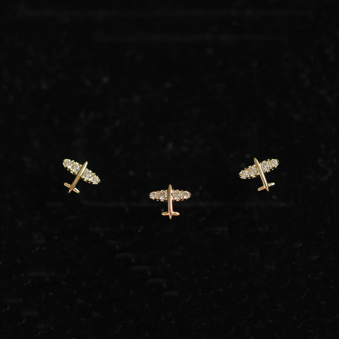 9K Solid Gold Cubic Zirconia Ear Stud Earrings Airplane Travel Charm Jewelry