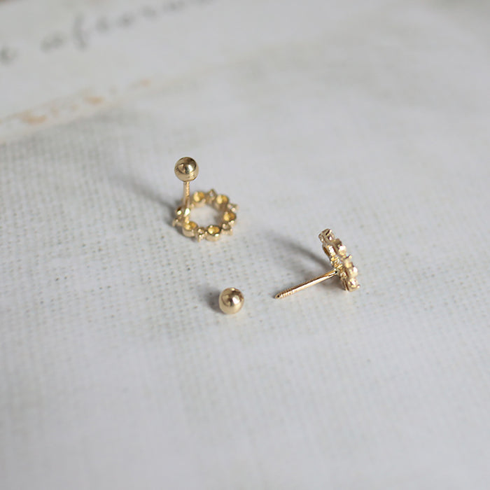 9K Solid Gold Cubic Zirconia Ear Stud Earrings Flower Wreath Charm Jewelry