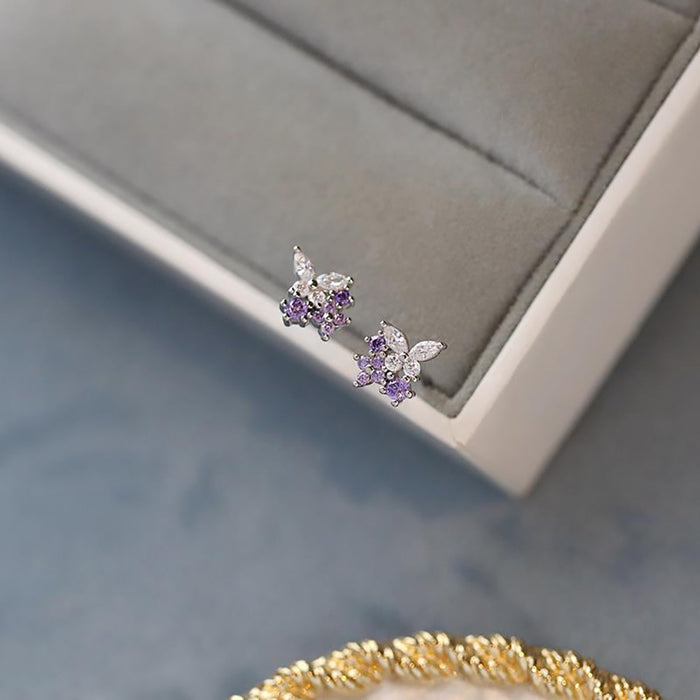 9K Solid Gold Cubic Zirconia Ear Stud Earrings Purple Butterfly Charm Jewelry