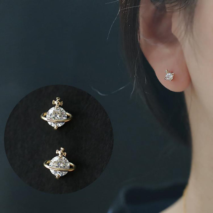 9K Solid Gold Cubic Zirconia Ear Stud Earrings Planet Celestial Charm Jewelry