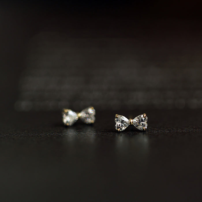 9K Solid Gold Cubic Zirconia Ear Stud Earrings Bow Beautiful Charm Jewelry