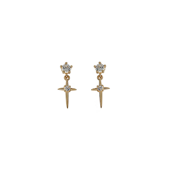 9K Solid Gold Cubic Zirconia Ear Stud Earrings Cross Beautiful Charm Jewelry