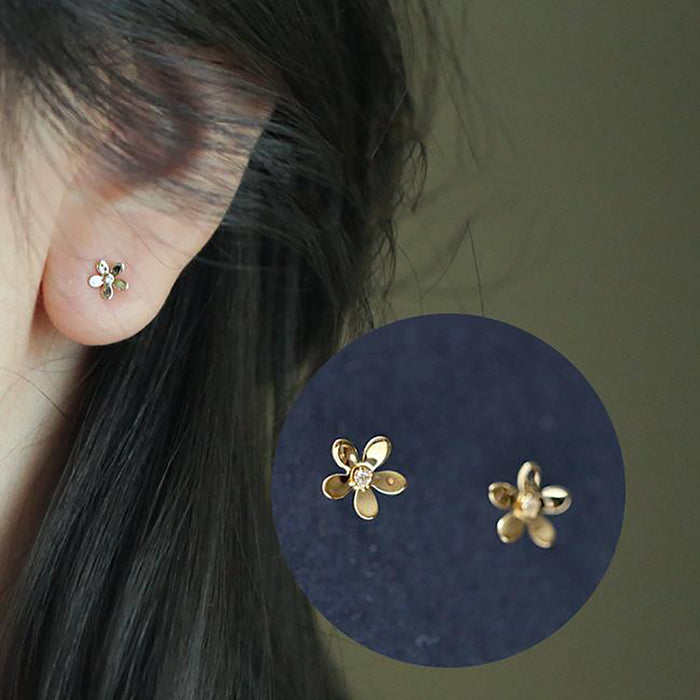 9K Solid Gold Cubic Zirconia Ear Stud Earrings Flowers Elegant Charm Jewelry