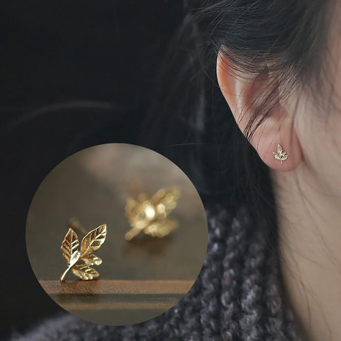 9K Solid Gold Ear Stud Earrings Leaf Elegant Beautiful Charm Jewelry