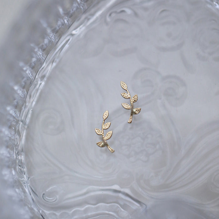 9K Solid Gold Ear Stud Earrings Twig Branch Leaf Elegant Charm Jewelry
