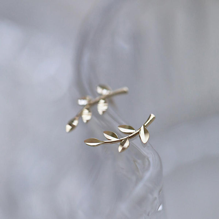 9K Solid Gold Ear Stud Earrings Twig Branch Leaf Elegant Charm Jewelry