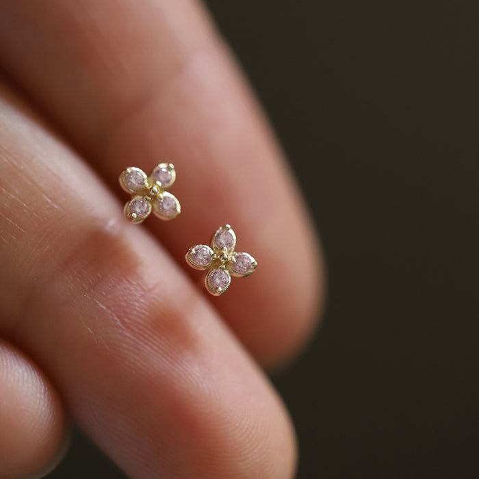 9K Solid Gold AAA Cubic Zirconia Ear Stud Earrings Flowers Elegant Charm Jewelry