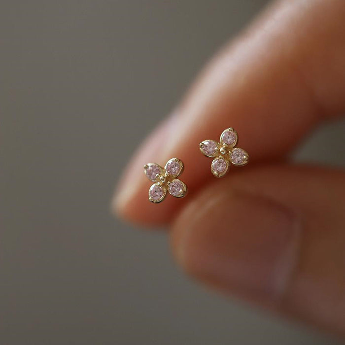 9K Solid Gold AAA Cubic Zirconia Ear Stud Earrings Flowers Elegant Charm Jewelry
