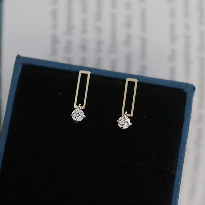 9K Solid Gold Round Diamond Ear Stud Earrings Rectangle Geometric Charm Jewelry