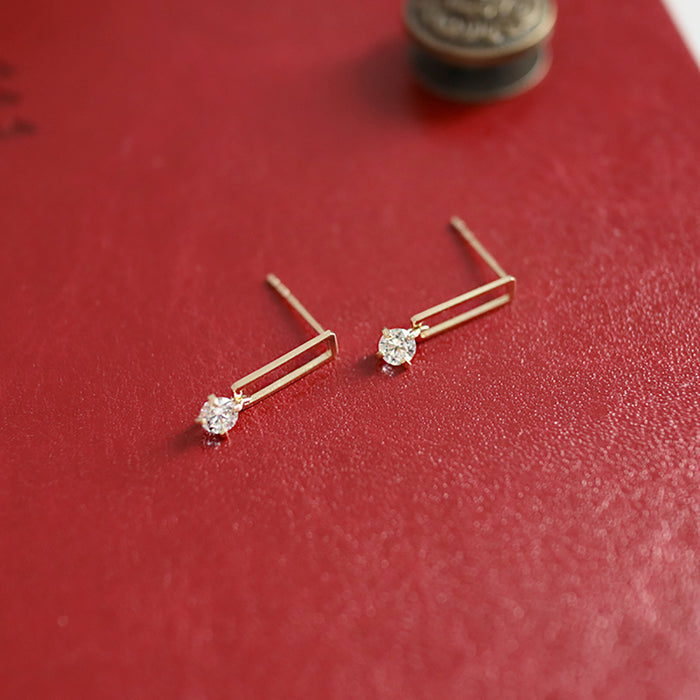 9K Solid Gold Round Diamond Ear Stud Earrings Rectangle Geometric Charm Jewelry
