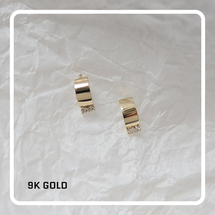 9K Solid Gold Cubic Zirconia Ear Stud Earrings Circular Arc C-Shape Charm Jewelry
