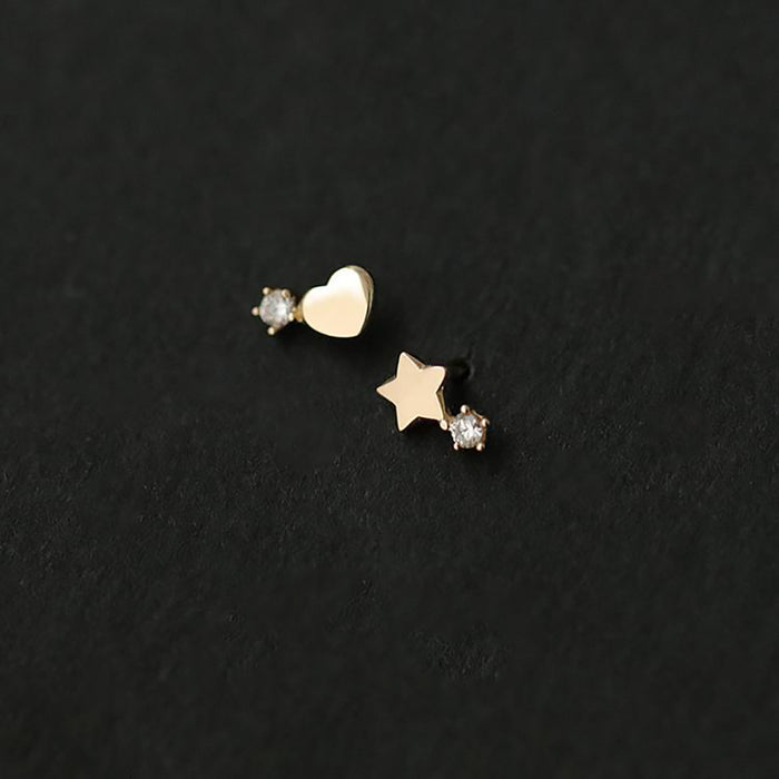 9K Solid Gold Cubic Zirconia Ear Stud Earrings Heart Star Asymmetric Charm Jewelry