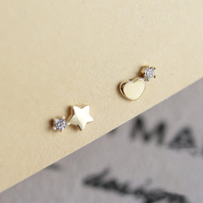 9K Solid Gold Cubic Zirconia Ear Stud Earrings Heart Star Asymmetric Charm Jewelry