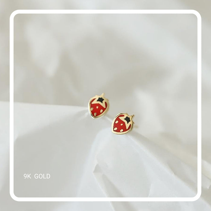 9K Solid Gold Ear Stud Earrings Cute Strawberry Fruit MINI Jewelry