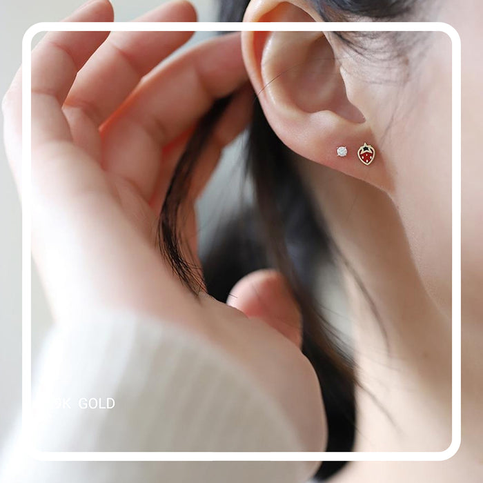 9K Solid Gold Ear Stud Earrings Cute Strawberry Fruit MINI Jewelry