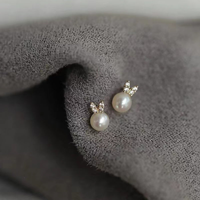 9K Solid Gold Round Natural Freshwater Pearl Ear Stud Earrings Rabbit Ear Charm Jewelry