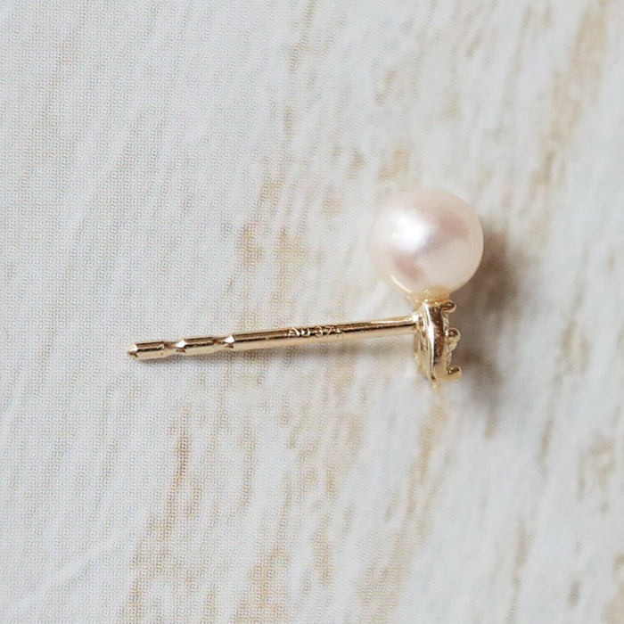 9K Solid Gold Round Natural Freshwater Pearl Ear Stud Earrings Rabbit Ear Charm Jewelry