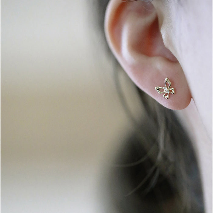 9K Solid Gold Cubic Zirconia Ear Stud Earrings Butterfly Elegant Charm Jewelry
