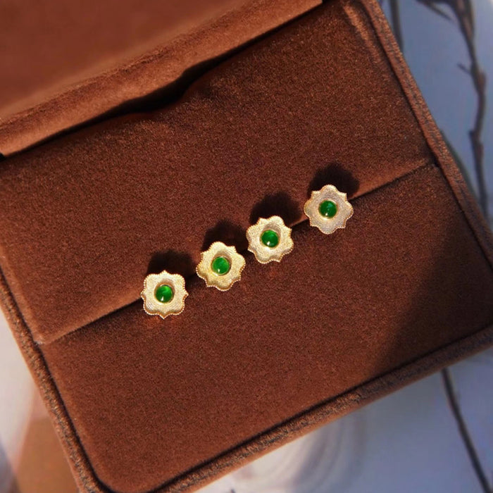 18K Solid Gold Natural Round Jade Jadeite Ear Stud Earrings Flower Charm Jewelry