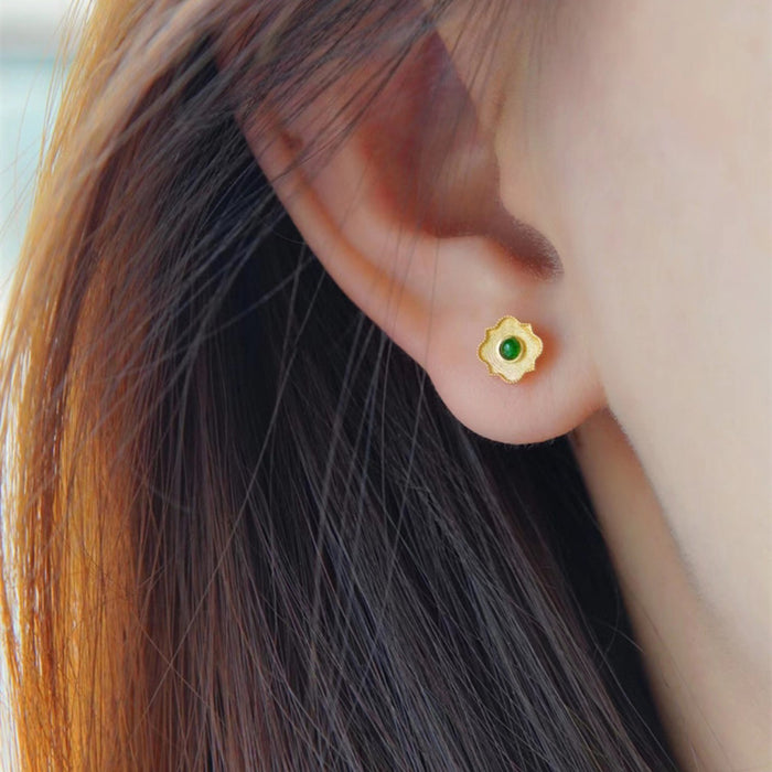 18K Solid Gold Natural Round Jade Jadeite Ear Stud Earrings Flower Charm Jewelry