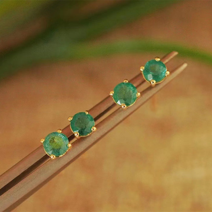 18K Solid Gold Natural Round Emerald Ear Stud Earrings Charm Jewelry