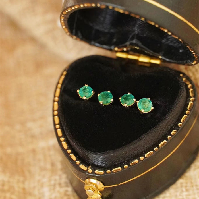 18K Solid Gold Natural Round Emerald Ear Stud Earrings Charm Jewelry