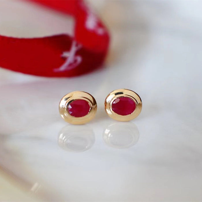 18K Solid Gold Natural Oval Ruby Ear Stud Earrings Beautiful Charm Jewelry