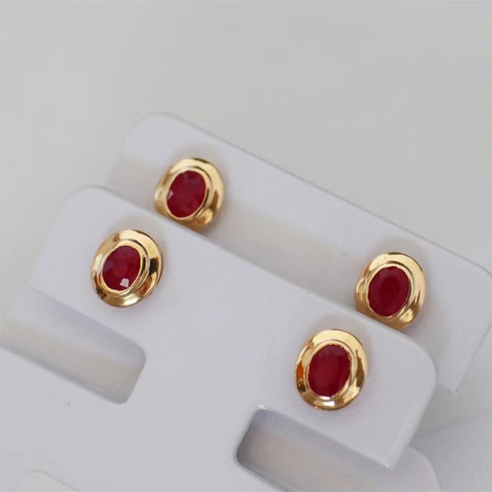 18K Solid Gold Natural Oval Ruby Ear Stud Earrings Beautiful Charm Jewelry