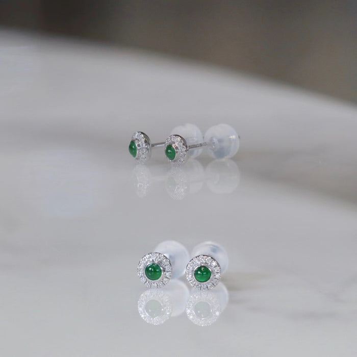 18K Solid Gold Natural Round Jade Diamond Ear Stud Earrings Flower Charm Jewelry