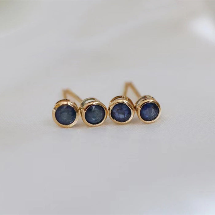 18K Solid Gold Natural Round Sapphire Ear Stud Earrings Simple Charm Jewelry