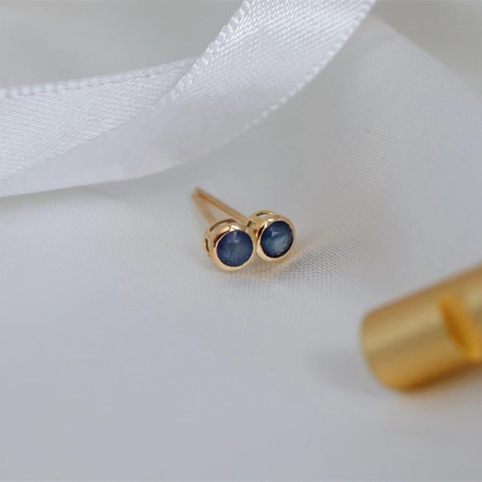 18K Solid Gold Natural Round Sapphire Ear Stud Earrings Simple Charm Jewelry
