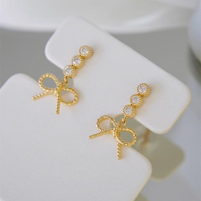 18K Solid Gold Natural Round Diamond Ear Stud Dangle Earrings Bow Charm Jewelry