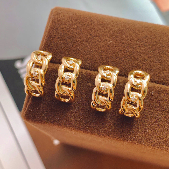 18K Solid Gold Natural Diamond Ear Stud Dangle Earrings Cuban Chain Charm Jewelry