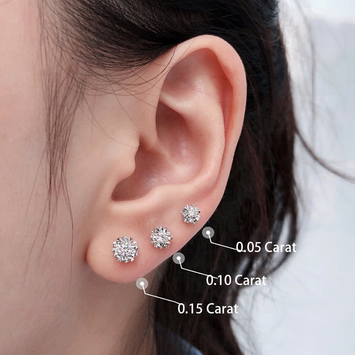18K Solid Gold Natural Round Diamond Ear Stud Earrings Snowflake Charm Jewelry