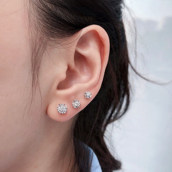 18K Solid Gold Natural Round Diamond Ear Stud Earrings Snowflake Charm Jewelry