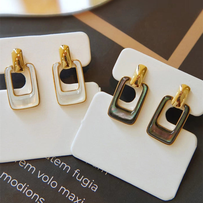18K Solid Gold Natural Pearl Shell Ear Stud Dangle Earrings Rectangle Geometric Jewelry