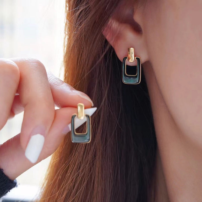 18K Solid Gold Natural Pearl Shell Ear Stud Dangle Earrings Rectangle Geometric Jewelry