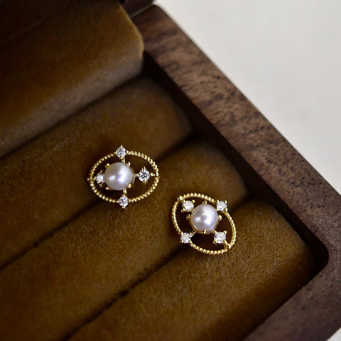 18K Solid Gold Natural Freshwater Pearl Diamond SA Ear Stud Earrings Charm Jewelry