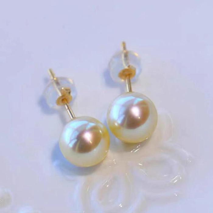 18K Solid Gold 7mm Round Natural Freshwater Pearl Ear Stud Earring Charm Jewelry
