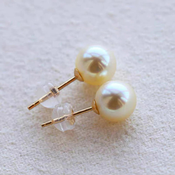 18K Solid Gold 7mm Round Natural Freshwater Pearl Ear Stud Earring Charm Jewelry