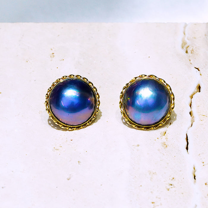 18K Solid Gold 15-16mm Oblate Blue Natural Mabe Pearl Ear Stud Earrings Jewelry