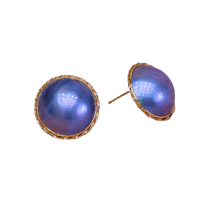 18K Solid Gold 15-16mm Oblate Blue Natural Mabe Pearl Ear Stud Earrings Jewelry