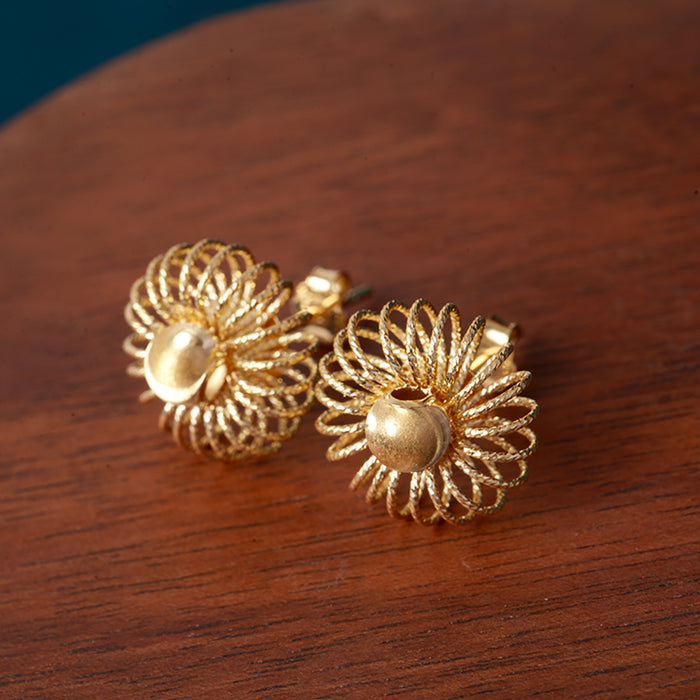 18K Solid Gold Ear Stud Earrings Sun Flowers Cat's Eye Bead Beautiful Charm Jewelry