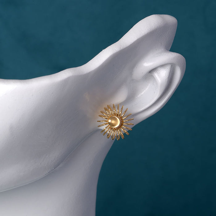 18K Solid Gold Ear Stud Earrings Sun Flowers Cat's Eye Bead Beautiful Charm Jewelry