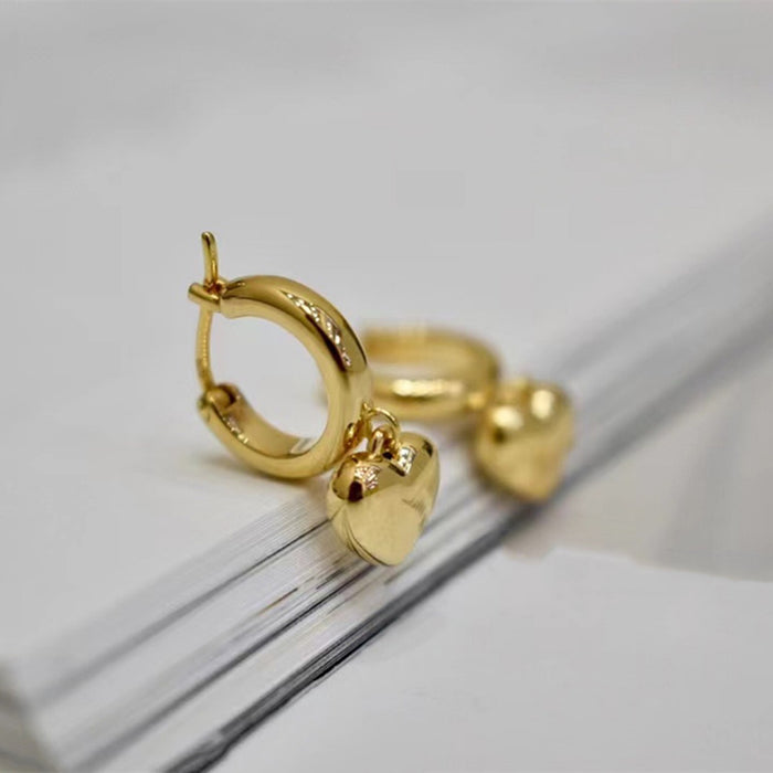 18K Solid Gold Clip-Ons Hoop Drop Dangle Earrings Loving Heart Charm Jewelry