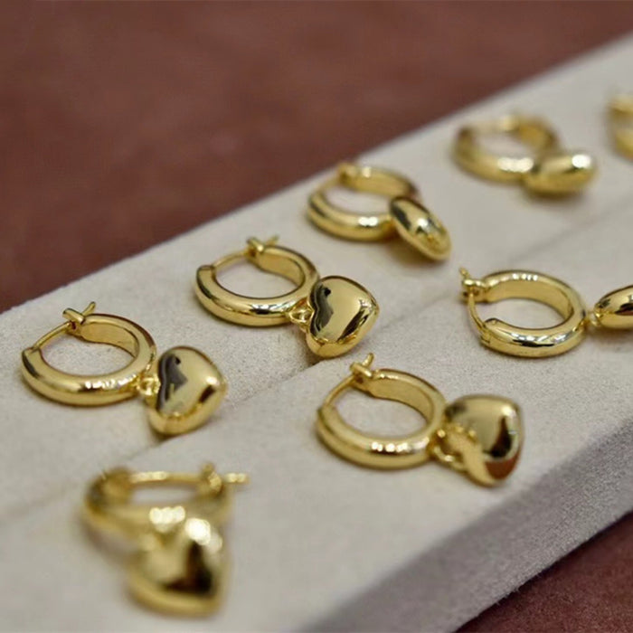 18K Solid Gold Clip-Ons Hoop Drop Dangle Earrings Loving Heart Charm Jewelry
